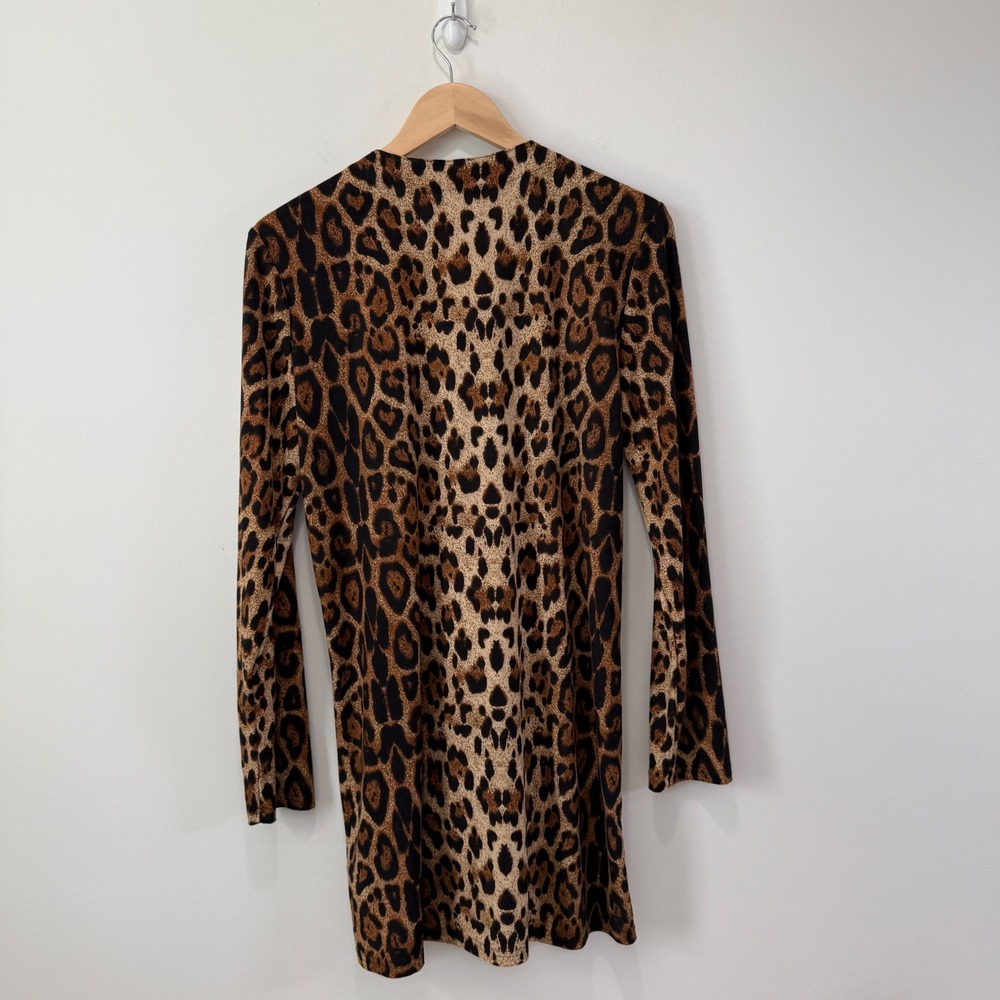 Leopard Print Longline Slinky Knit Cardigan Sz L Button Front Pockets VNeck Boho - Picture 7 of 8